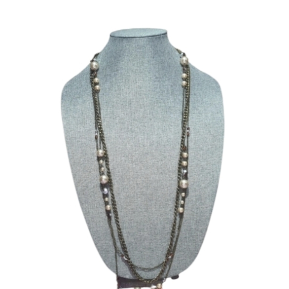 Retro Style Long Necklace Brass Chain Cream Faux Pearl Amber & Silver-Tone Beads